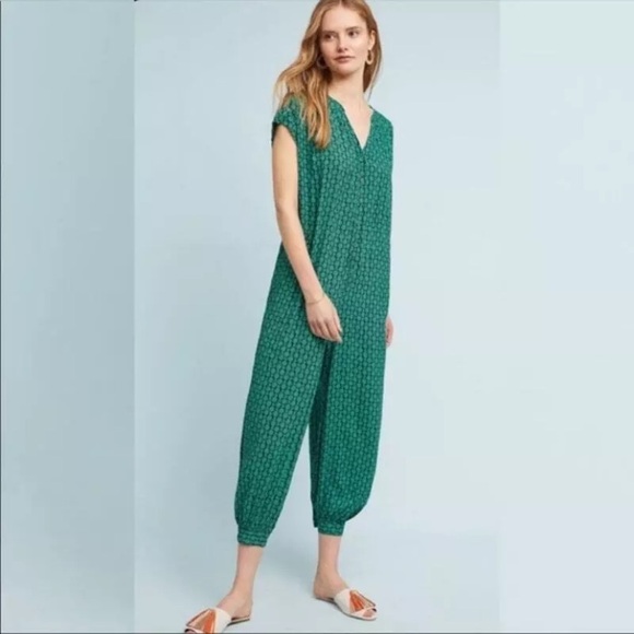 Maeve Pants - Maeve Anthropologie Jumpsuit Geoscope Beltws Pockets Pull On Green Navy XS